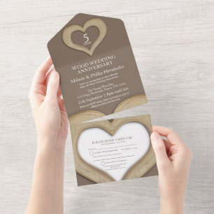 Invitation Tout En Un 5e anniversaire de mariage bois cœur marron