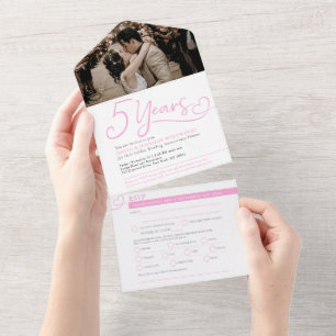 Invitation Tout En Un 5e anniversaire Mariage repas rose RSVP photo