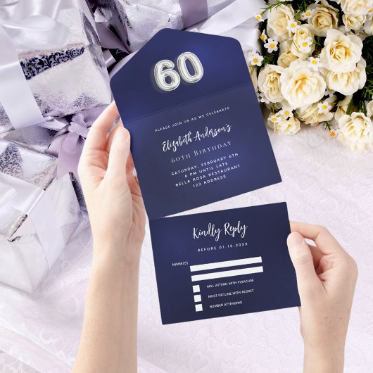 Invitation Tout En Un 60e anniversaire marine bleu argent rsvp