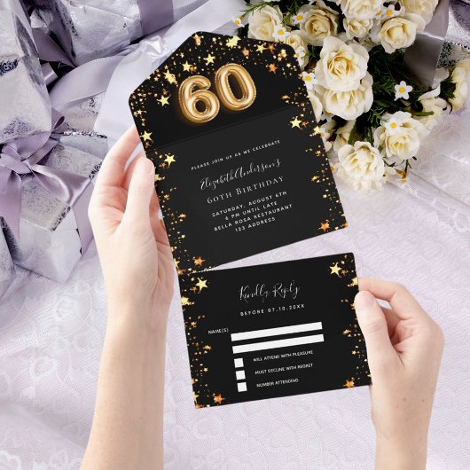 Invitation Tout En Un 60e anniversaire noir étoiles or rsvp