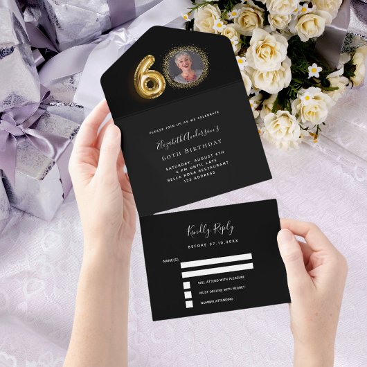 Invitation Tout En Un 60e anniversaire noir or photo rsvp