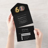 Invitation Tout En Un 60e anniversaire noir or photo rsvp (Déchirure)