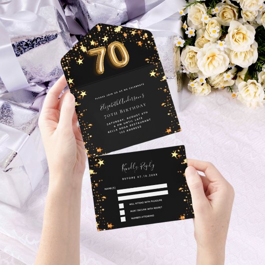 Invitation Tout En Un 70e anniversaire noir étoiles or rsvp