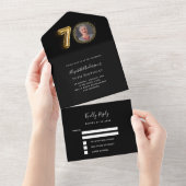 Invitation Tout En Un 70e anniversaire noir or photo rsvp (Déchirure)