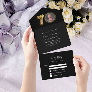 Invitation Tout En Un 70e anniversaire noir or photo rsvp