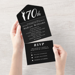 Invitation Tout En Un 70e Anniversaire Partie Golfer Noir Simple Moderne