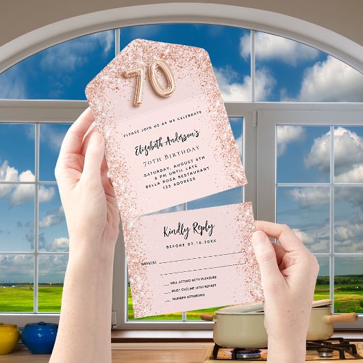 Invitation Tout En Un 70e anniversaire rose or brush fête RSVP