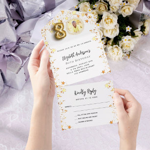 Invitation Tout En Un 80e anniversaire blanc or étoiles fête photo RSVP