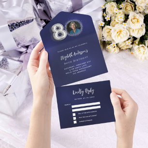 Invitation Tout En Un 80e anniversaire marine bleu argent photo rsvp