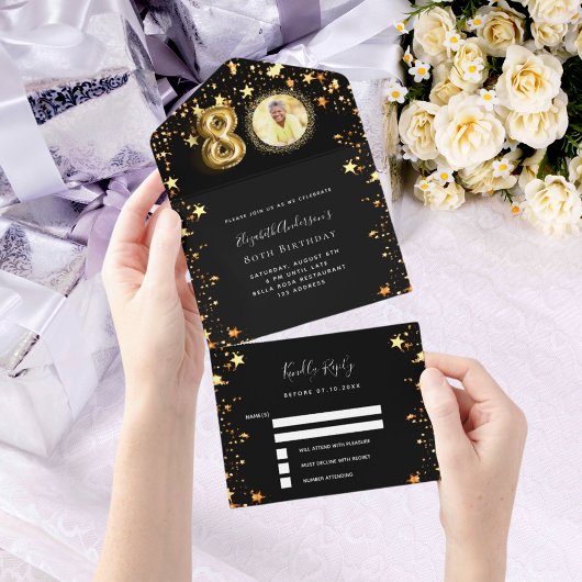 Invitation Tout En Un 80e anniversaire noir étoiles or photo rsvp