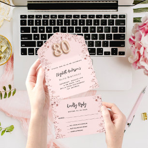 Invitation Tout En Un 80e anniversaire rose or blush stars fête RSVP