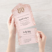 Invitation Tout En Un 80e anniversaire rose or brush fête RSVP (Déchirure)