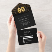 Invitation Tout En Un 90e anniversaire noir confetti rsvp (Déchirure)
