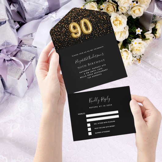 Invitation Tout En Un 90e anniversaire noir confetti rsvp