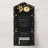 Invitation Tout En Un 90e anniversaire noir étoiles or photo rsvp (À l'intérieur)