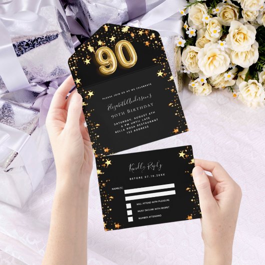 Invitation Tout En Un 90e anniversaire noir étoiles or rsvp
