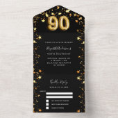 Invitation Tout En Un 90e anniversaire noir étoiles or rsvp (À l'intérieur)