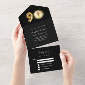 Invitation Tout En Un 90e anniversaire noir or photo rsvp (Déchirure)
