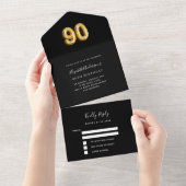 Invitation Tout En Un 90e anniversaire noir or rsvp (Déchirure)