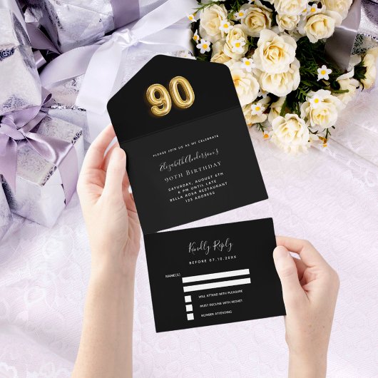 Invitation Tout En Un 90e anniversaire noir or rsvp