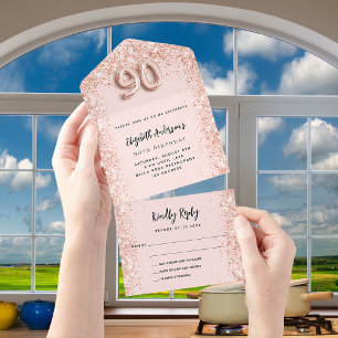 Invitation Tout En Un 90e anniversaire rose or brush fête RSVP