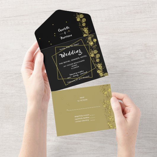 Invitation Tout En Un Abstrait moderne Elegant Black Gold Mariage (Déchirure)