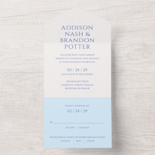 Invitation Tout En Un Addison Bleu Classique Mariage élégant (À l'intérieur)