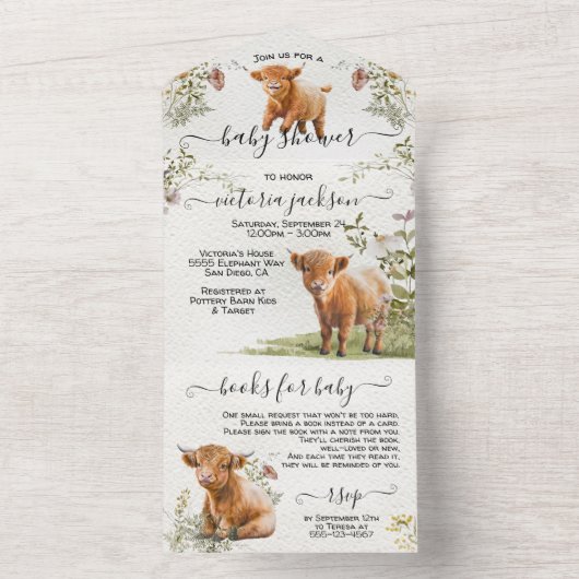 Invitation Tout En Un Adorable Baby shower de vache Highland (À l'intérieur)
