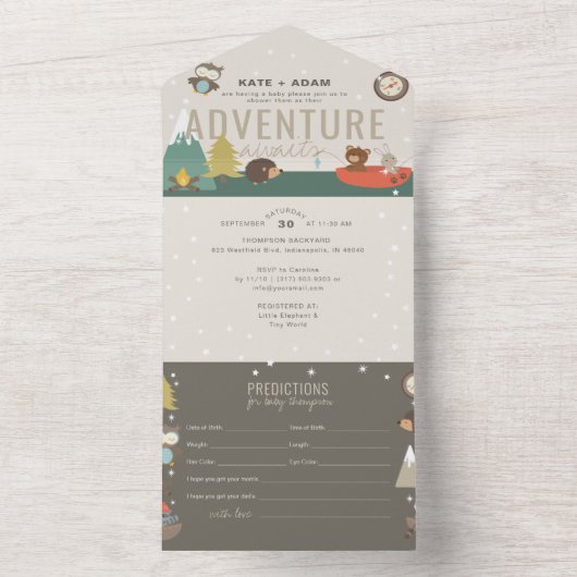 Invitation Tout En Un Adventure Woodland Prédictions Baby shower neutre (À l'intérieur)