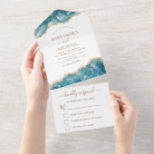 Invitation Tout En Un Agate Aqua Turquoise Blue Gold Wedding RSVP (Déchirure)