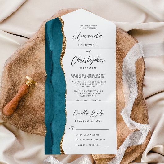 Invitation Tout En Un Agate Bleu Sarcelle Or Script