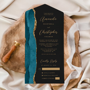 Invitation Tout En Un Agate Bleu Sarcelle Or Script Sombre