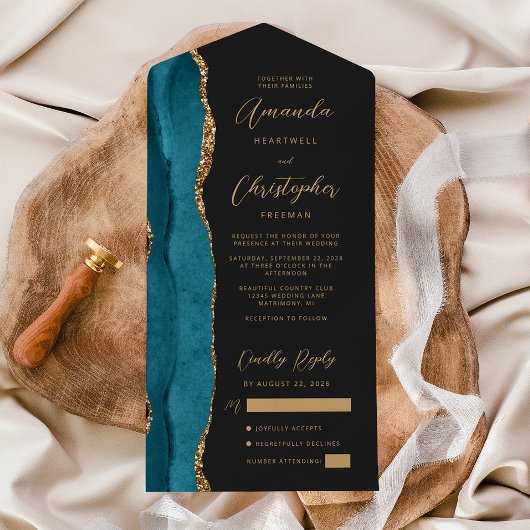 Invitation Tout En Un Agate Bleu Sarcelle Or Script Sombre