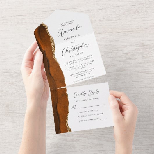 Invitation Tout En Un Agate Burnt Orange Gold Script (Déchirure)