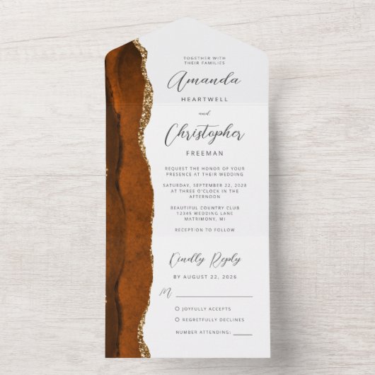 Invitation Tout En Un Agate Burnt Orange Gold Script (À l'intérieur)