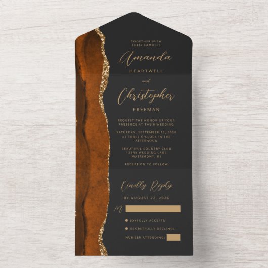 Invitation Tout En Un Agate Burnt Orange Or Script foncé (À l'intérieur)