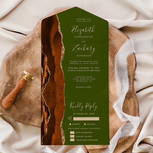Invitation Tout En Un Agate d'or rouille Olive Green Options de repas Ma