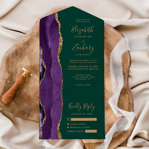 Invitation Tout En Un Agate moderne violet or Emerald Green Mariage