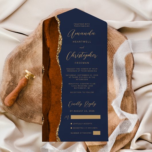 Invitation Tout En Un Agate Orange Brûlé Or Script Bleu Marine