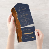 Invitation Tout En Un Agate Orange Brûlé Or Script Bleu Marine (Déchirure)