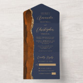 Invitation Tout En Un Agate Orange Brûlé Or Script Bleu Marine (À l'intérieur)