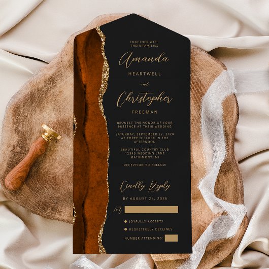 Invitation Tout En Un Agate Orange Brûlé Or Script Sombre