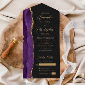 Invitation Tout En Un Agate Purple Gold Script Mariage foncé