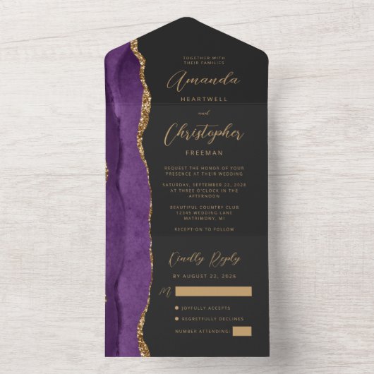 Invitation Tout En Un Agate Purple Gold Script Mariage foncé (À l'intérieur)