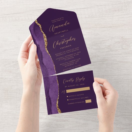 Invitation Tout En Un Agate Purple Gold Script Plum (Déchirure)