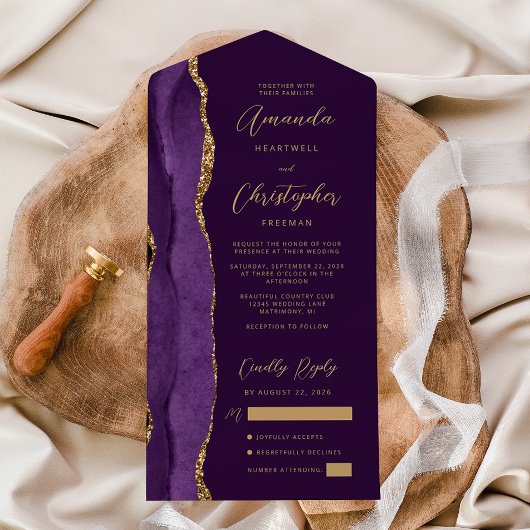 Invitation Tout En Un Agate Violet Or Script Abricot