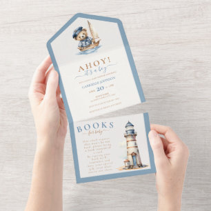 Invitation Tout En Un Ahoy c'est un garçon ! Baby shower nautique minima