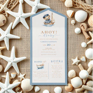 Invitation Tout En Un Ahoy c'est un garçon ! Baby shower nautique minima