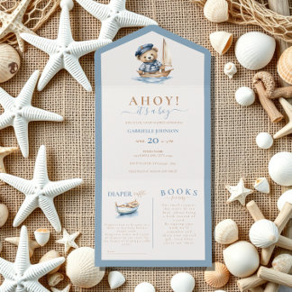 Invitation Tout En Un Ahoy c'est un garçon ! Baby shower nautique minima