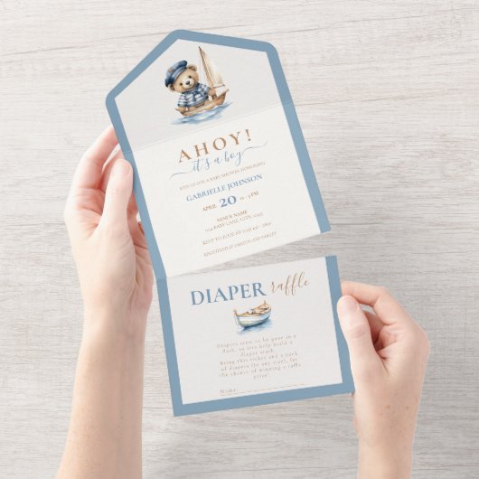 Invitation Tout En Un Ahoy c'est un garçon ! Baby shower nautique minima (Déchirure)